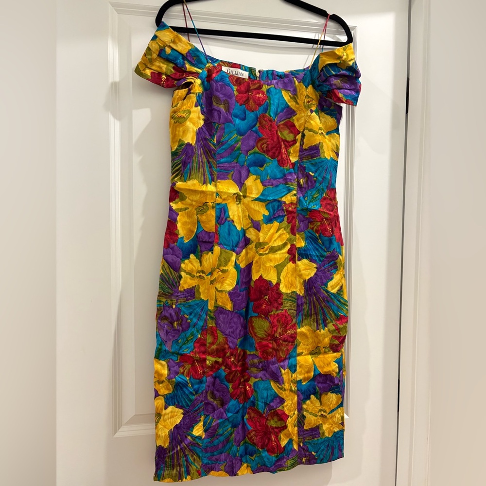 Vintage 80s Gillian 100% Silk Tropical Floral Cold Shoulder Mini Dress (Size 8)